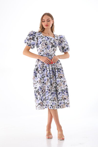 Moda Lippa Ретро рокля със син флорален мотив и набори