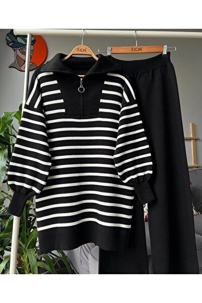 Miasista Striped Double Knitwear Set - Zipper Detailed