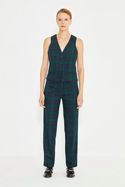 Just Like You Yeşil Ekoseli Önü Düğmeli Astarlı Kadın Yelek