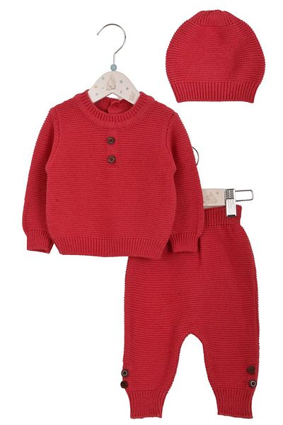 Minora Knitwear Button Detailed 3-Piece Set Red