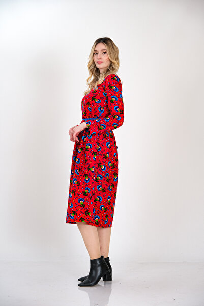 İna Divitin Pazenden Arkası Fermuarlı Midi Boy Çiçekli Kışlık Kırmızı Elbise