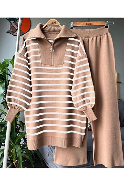 Miasista Fermuar Detaylı Çizgili İkili Triko Takım