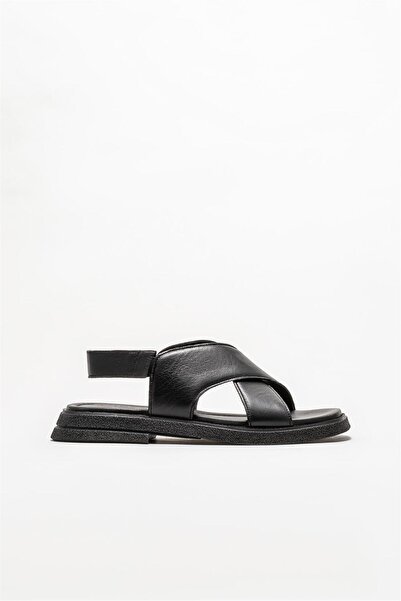 Elle Shoes Black Leather Women's Flat Sandals