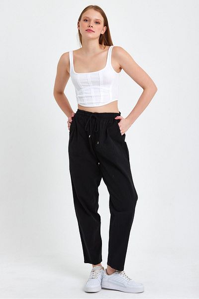 COMBİNE MİCHAİL Pantaloni negri din in cu talie înaltă cu talie elastică