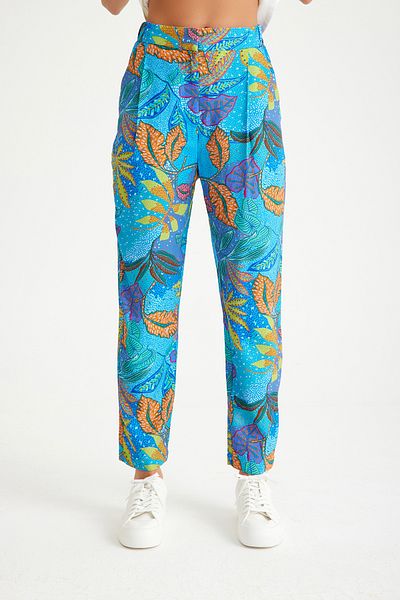 Just Like You Blue Leaf Patterned Women's Trousers with Back Elastic Waist