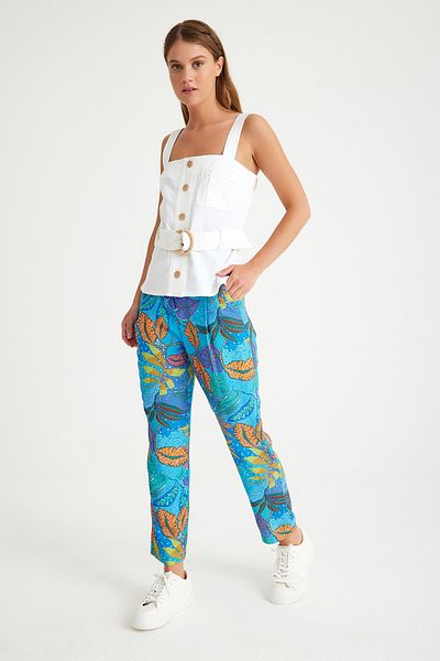 Just Like You Blue Leaf Patterned Women's Trousers with Back Elastic Waist