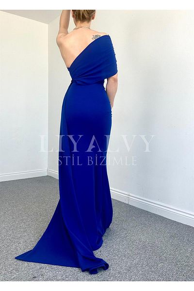 LİYALVY Βραδινό φόρεμα Crepe Fabric με μανίκια και λεπτομέρεια ουράς Fish Model Blue Paris