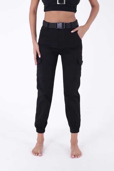 RICHMOST Women's Trousers with Belted Waist and Elastic Legs Style Cargo Pocket BlackGabardine Four Seasons