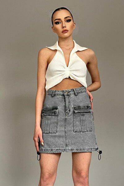 fehika Жіноча сіра джинсова спідниця-кюлот з парашутним кроєм, кишенями та стоперами