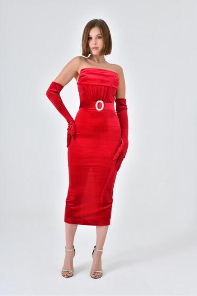 BK BOUTİQUE Kemerli Midi Boy Straplez Kadife Abiye Elbise