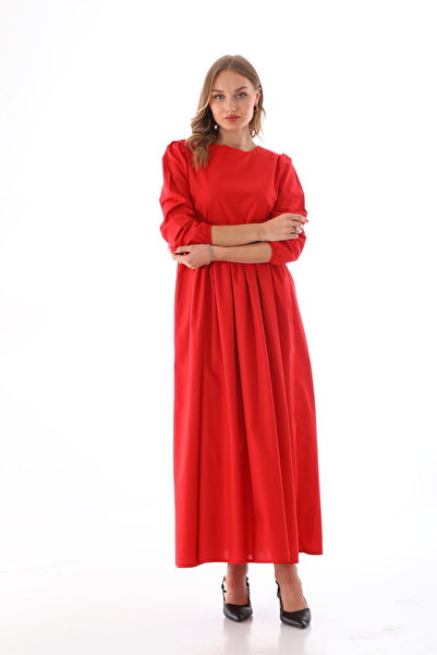 Moda Lippa Kolları Lastikli Kırmızı Tesettür Elbise