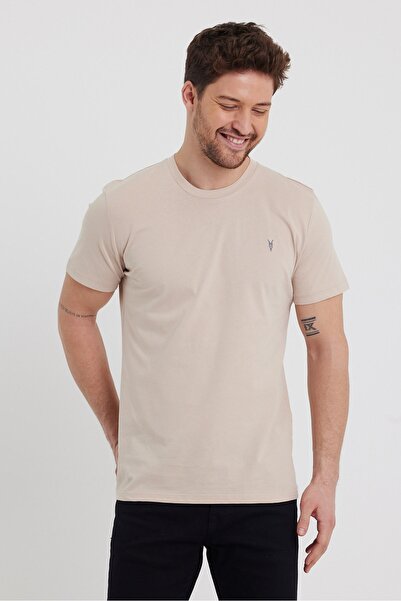 COMBİNE MİCHAİL Ανδρικό κοντομάνικο μπλουζάκι σε μπεζ λεπτή εφαρμογή με λαιμόκοψη 100% βαμβάκι