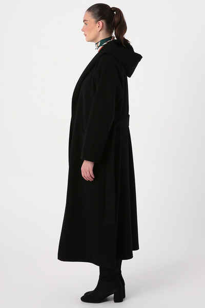 ALLDAY Černý kešu kabát s páskem s kapucí