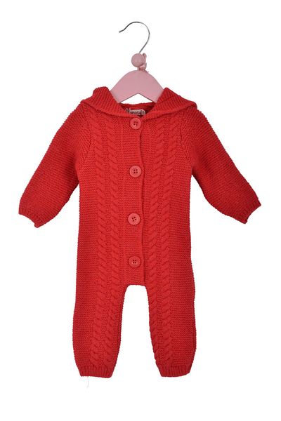 Minora Red Knitwear Hair Knit Hooded Jumpsuit