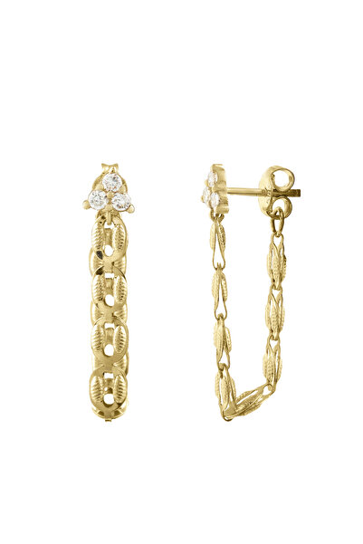 GençTaş Kuyumculuk 14 Ayar Altın Sallantılı Üçgen Taşlı Çift Koza Zincir Kadın Küpe