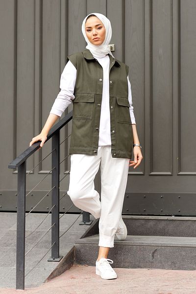 InStyle Gabardine Vest with Flap Pocket - Khaki