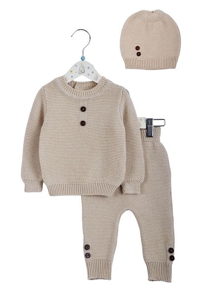 Minora Knitwear Button Detailed 3-Piece Set Stone