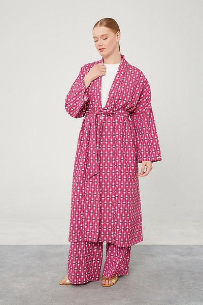 Levidor Fuchsia Patterned Linen Belt Tied Kimono Set