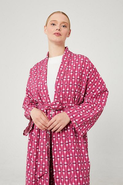 Levidor Fuchsia Patterned Linen Belt Tied Kimono Set