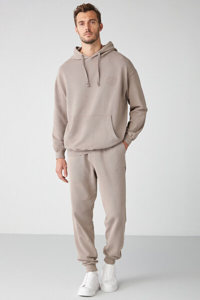 GRIMELANGE Felıx Men's Regular Fit Faded Effect Embroidered Sweatpants with Flexible Fabric
