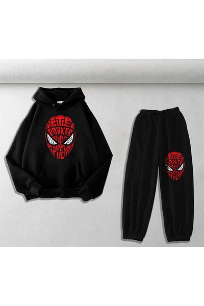 Touz Moda Spider-Man Head με στάμπα μαύρο oversize φούτερ με κουκούλα και φούτερ Unisex Σετ δύο τεμαχίων