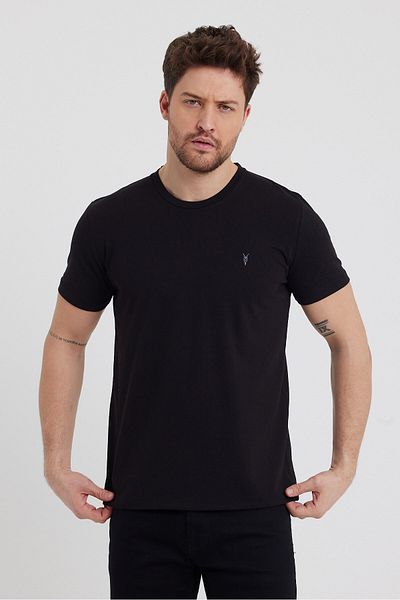 COMBİNE MİCHAİL Men's Black Slim Fit Crew Neck 100% Cotton Short Sleeve T-Shirt