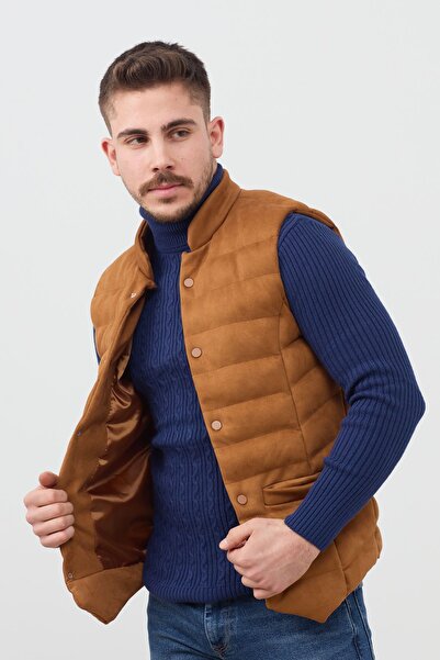 TUNAHAN ERKEK GİYİM Slimfit Kesim Erkek Suet Sisme Yelek-hardal
