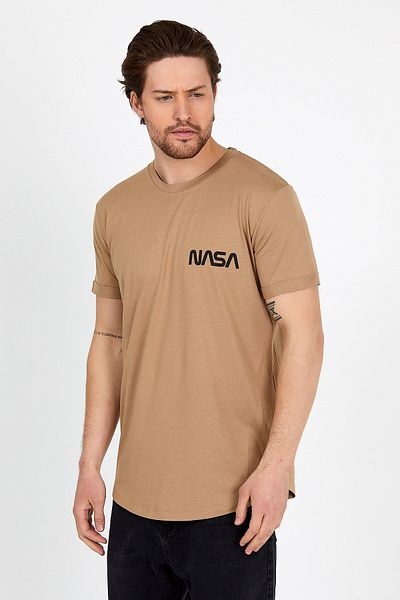 COMBİNE MİCHAİL Caramel Color Printed Crew Neck Oval Skirt Men's T-Shirt 1360