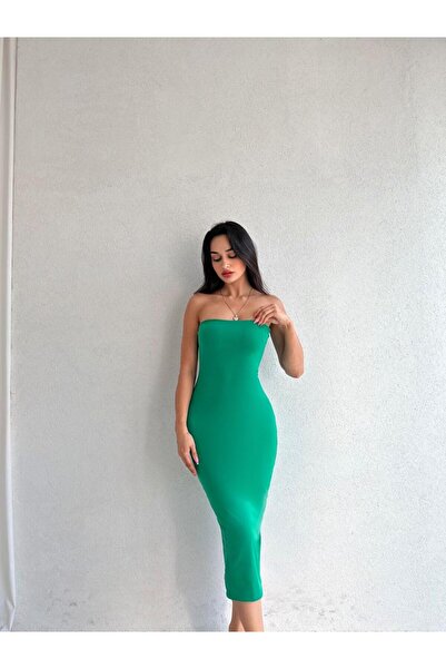 Mooi Butik Straplez Midi MELODY Elbise 3903 - Yeşil