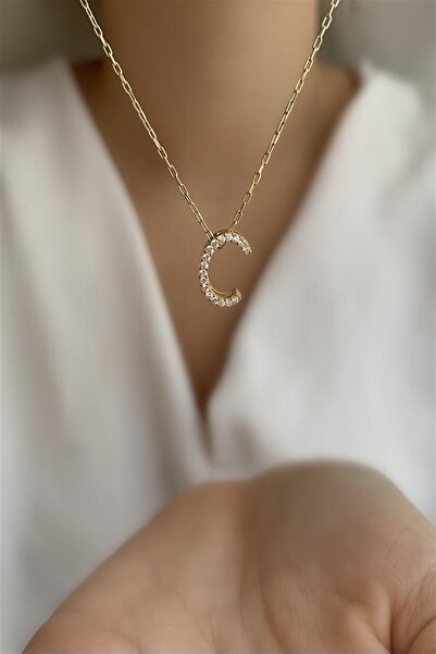 Ziu 925 Ayar Üç Boyutlu Zirkon Taşlı C Harfli Kolye