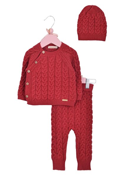 Minora Knitwear Unisex Double Breasted Hair Knit 3 Piece Set Red