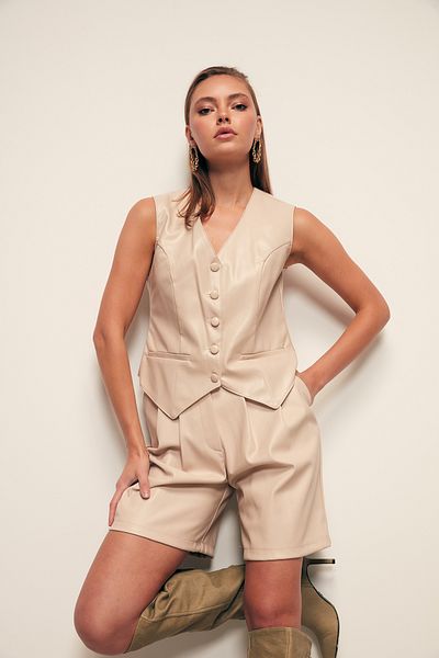 Sateen Vestă din piele cu detaliu nasturi - Stone