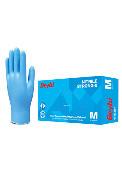 Beybi Strong-5 Pudrasız Mavi Nitril Muayene Eldiveni 100 lü Paket - Large