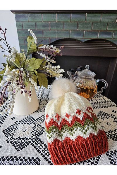 Baykuşca Knitted Wool Beret, Winter Beret, Scandinavian, Norwegian, Wool Beanie, Zigzag, with Pompom, Colorful, Gift