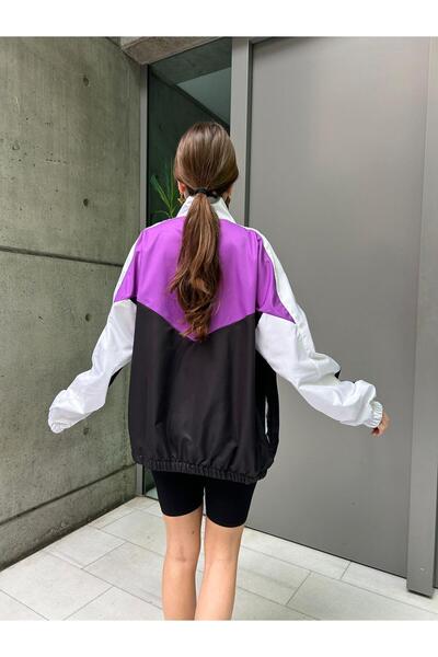 Toum Vintage Mor Baggy Paraşüt Kumaş Kolej Ceket Antrasit Eşofman