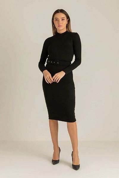WOMAN VISION Rochie midi, cu mâneci lungi, cu curea, din țesătură acrilică, pentru femei 002