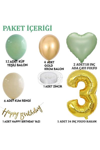 Patladı Gitti Sage Concept 3 Year Old Birthday Set ; Mold Green-chrome Gold- Sea Sand And Sage Heart Foil Balloon