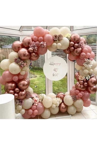 Çemrek Süs Parti Retro White - Clay Pink and Rose Chrome Balloon Chain Set 100 Balloon and Chain
