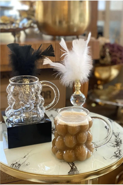 VİZON Üzüm Kabartmalı Kulplu Borasilikat Isıya Dayanıklı Cam Kupa Kahve Kokte...