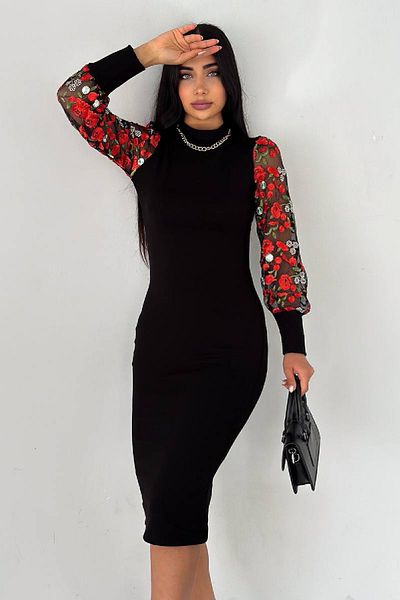 NKTCOLLECTİON Rochie de damă cu mâneci negre brodate creion nou sezon tricotaj
