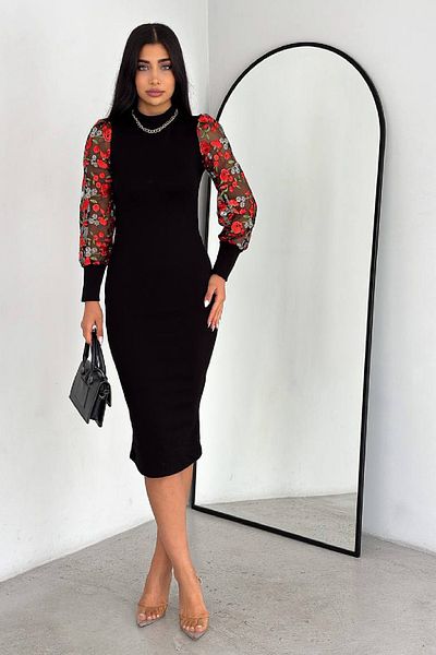 NKTCOLLECTİON Rochie de damă cu mâneci negre brodate creion nou sezon tricotaj