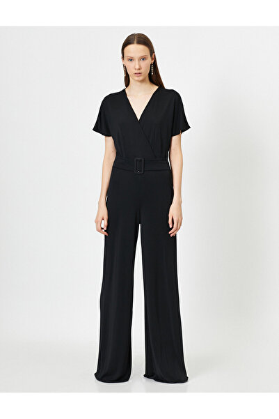 Koton Krepp-Abendkleid-Overall, V-Ausschnitt, Gürtel, weites Bein