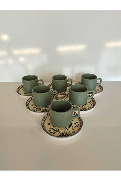 Keramika 12 PARÇA 6 KİŞİLİK ÇAY FİNCAN TAKIMI STACKABLE YEŞİL