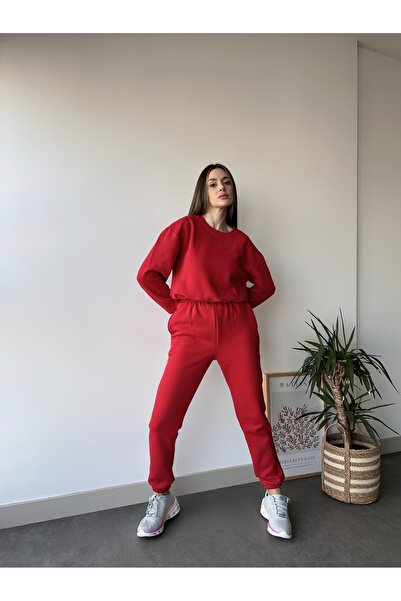 CERENCE AKÇA OKULCUNUZ Kadın üç iplik bel lastik crop sıfır yaka eşofman takımı