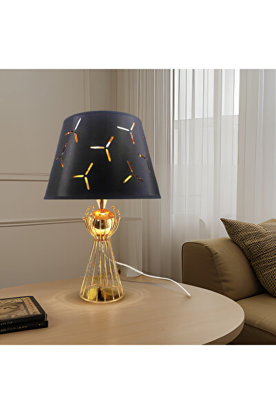 365GUNSERİSONU مصباح طاولة عاكس الضوء بتصميم ساق معدنية مطلية بالذهب من Sude مع قبعة من القماش الأسود الساتان