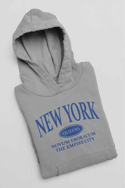 LULO New York Queens Unisex Μπλε βαμβακερό φούτερ με κουκούλα - Ράις εσωτερικά με κουκούλα