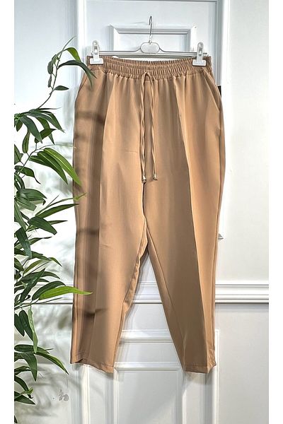 Aşkı Endam Large Size Charm Imported Slim Leg Trousers with Elastic Waist and Side Pockets - Mink