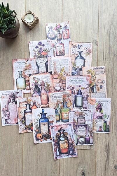 Mona Craftist 15 Adet Eskitme Vintage İksir Şişesi Temalı Scrapbook Kağıt Set...