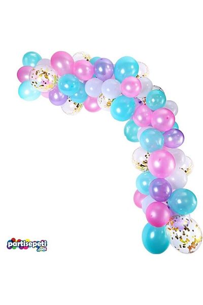 eğlencemarketi Chain Balloon Set Pink - Blue - Purple / 130 Balloons with Confetti