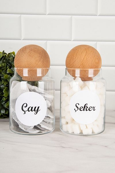 DNS HOME 2-Piece Wooden Ball Lid Labeled Tea Candy Storage Container Jar Set 800ml